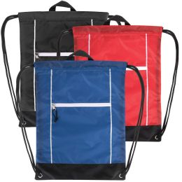 48 Wholesale 18 Inch Front Zippered Drawstring Bag - 3 Color Assortment