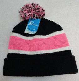 12 Pieces DoublE-Layer Knitted Hat With Pompom[black/white/pink] - Fashion Winter Hats
