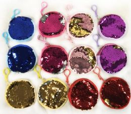 12 Wholesale Wholesale Double Sided Sequins Round Coin Purse Assorted Colors