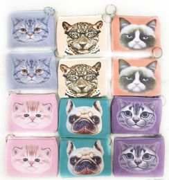 12 Wholesale Wholesale Pastel Color Cat & Dog Coin Purse Assorted Colors