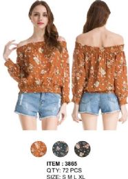 72 Wholesale Wholeale Floral Off Shoulder Ruffle Long Sleeve Tops Assorted