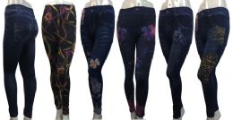 24 Pieces Denim Print Leggings In Assorted Patterns - Womens Leggings