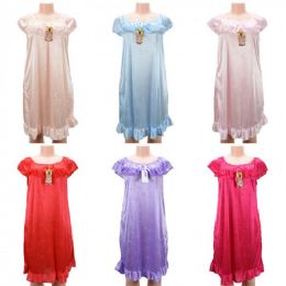 24 Wholesale Women Pajama Night Gown Short Sleeve Assorted Colors
