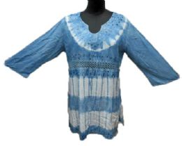 36 of Women's Rayon ShorteR-Length Tunic Tops With Embellished Neckline - Denim Wash - Assorted Colors - Size SmalL-xl