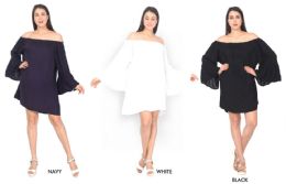 36 Wholesale Women's Rayon Off Shoulder Dresses With Bell Sleeves - Assorted Colors - One Size Fits Most