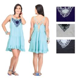 48 Wholesale Women's Rayon Short Dresses With Flower Embroidery - Assorted Colors - One Size Fits Most
