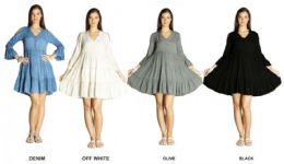 48 Wholesale Women's Rayon ThreE-Quarter Dresses With Cascading Ruffles - Assorted Colors - Size SmalL-xl