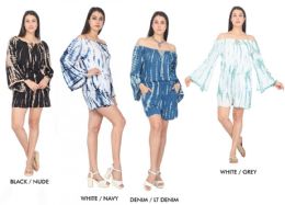 48 Wholesale Women's Tie Dye Rayon Romper With Bell Sleeves - Assorted Colors - Size SmalL-xl