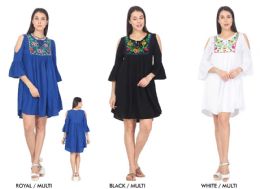 36 Wholesale Women's Rayon Cold Shoulder ThreE-Quarter Sleeve Dresses W/ Neckline Accent Stitching - Assorted Colors - Size SmalL-xl