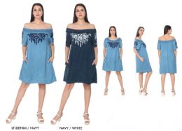 48 Wholesale Women's Denim Rayon Off Shoulder Dresses With Side Pockets - Assorted Colors - Size SmalL-xl