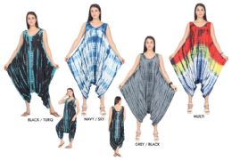 48 of Women's Tie Dye Harem Jumpsuits - Assorted Colors - Size SmalL-xl