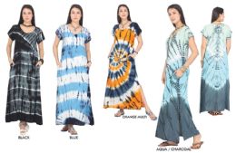 48 Wholesale Women's Tie Dye Maxi Dresses With Side Pockets - Assorted Colors - Size SmalL-xl