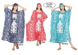 48 Wholesale Women's Kaftan Dresses With Head Scarf - Tribal Prints - Assorted Colors - One Size Fits Most