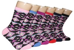 360 Wholesale Women's Novelty Crew Socks - Diamond Print - Size 9-11