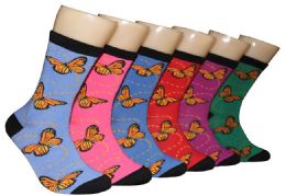 360 Wholesale Women's Novelty Crew Socks - Butterfly Print - Size 9-11