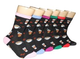 360 Wholesale Women's Novelty Crew Socks - Coffee Print - Size 9-11