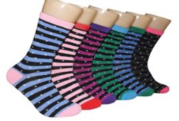360 Wholesale Women's Novelty Crew Socks - Stripe & Dot Print - Size 9-11