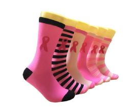360 Wholesale Women's Novelty Crew Socks - Breast Cancer Awareness - Size 9-11