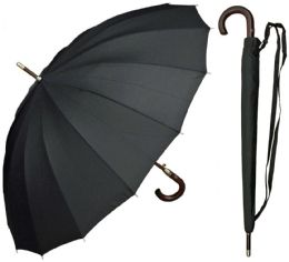 6 Wholesale 46" AutO-Open Black 16-Panel Umbrellas With/ Wood Hook Handle
