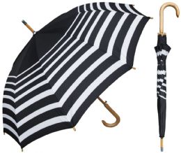 6 Wholesale 48" AutO-Open Black & White Stripe Print Doorman Umbrellas W/ Wood Hook Handle