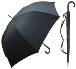 6 Wholesale 60" AutO-Open Black Doorman Umbrellas With/ Wood Hook Handle & Shaft