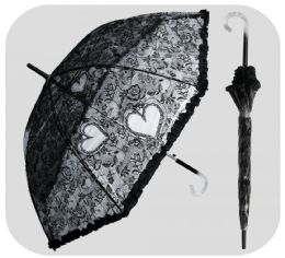 6 Pieces 48" AutO-Open Clear Dome Umbrellas With/ Black Lace Print - Umbrellas & Rain Gear