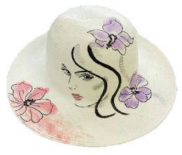 24 Wholesale Women's Classic Panama Sun Hats With/ Hand Painted Lady Blossom - One Size Fits Most