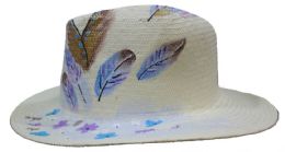 24 Wholesale Classic Panama Sun Hats With/ Hand Painted Leaves - One Size Fits Most