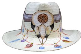 24 Wholesale Classic Panama Sun Hats With/ Hand Painted Bull - One Size Fits Most