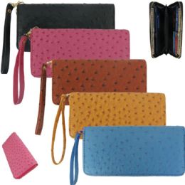 36 Wholesale Women's Faux Ostrich Wallets With/ Wristlet - Assorted Colors