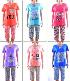 72 Wholesale Women's Short Sleeve Shirt & Capri Pajama Set - Assorted Prints - Sizes SmalL-xl