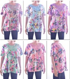 72 Wholesale Women's Fashion Blouses With/ Flower Adornment Neckline - Floral Prints - Sizes MediuM-Large Or XL-Xxl