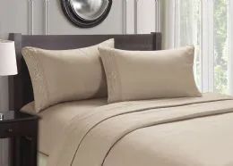 12 Wholesale Embroidery Cozy Home Sheet Set Queen Size In Taupe