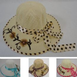 36 Pieces Ladies Sun Hat Polka Dot Bow Applique Flowers - Sun Hats