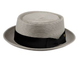 12 Wholesale Poly Braid Pork Pie Hats With Grosgrain Band In Gray