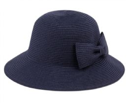 12 Bulk Poly Braid Bucket Sun Hats With Ribbon In Navy