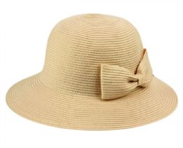 12 Wholesale Poly Braid Bucket Sun Hats With Ribbon In Khaki