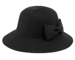 12 Wholesale Poly Braid Bucket Sun Hats With Ribbon In Black