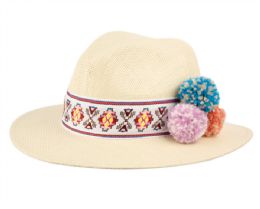 12 Wholesale Ladies Panama Hat With Band & Flower Trim