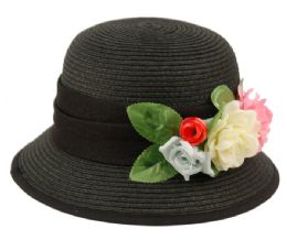 12 Wholesale Paper Straw Braid Bucket Hats With Flower In Black