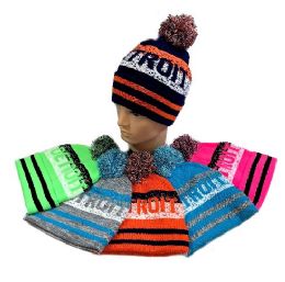 48 Pieces Detroit Pompom Knit Hat - Winter Beanie Hats