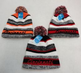 48 Pieces Knitted Hat With Pompom Embroidered Cincinnati Stripes - Winter Beanie Hats