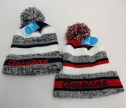 48 Bulk Knitted Hat With Pompom Embroidered Cleveland Stripes
