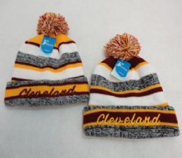 48 Pieces Knitted Hat With Pompom Embroidered Cleveland Stripes - Winter Beanie Hats