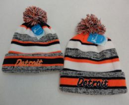 48 Pieces Knitted Hat With Pompom Embroidered Detroit Stripes - Winter Beanie Hats