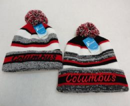 48 Pieces Columbus Knitted Hat With Pom Pom Embroidered Stripes - Winter Beanie Hats
