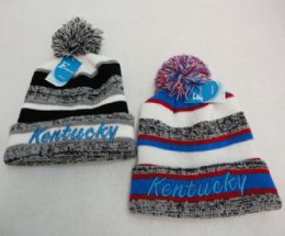 48 Pieces Kentucky Knitted Hat With Pom Pom Embroidered Stripes - Winter Beanie Hats