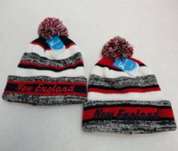 48 Pieces New England Knitted Hat With Pom Pom Embroidered Stripes - Winter Beanie Hats