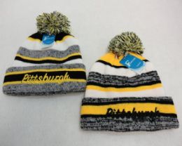 24 Pieces Pittsburgh Knitted Hat With Pom Pom Embroidered Stripes - Winter Beanie Hats