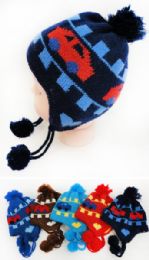 48 Wholesale Toddler Fleece Lined Knitted Car Pattern Cap Ear Flap